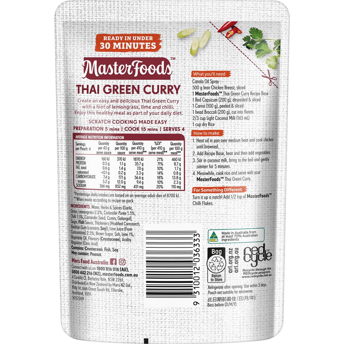 MasterFoods Thai Green Curry Recipe Base 175g