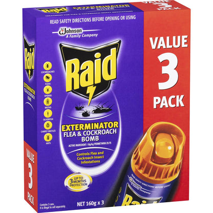 Raid Exterminator Flea & Cockroach Bomb 160g x 3 Pack