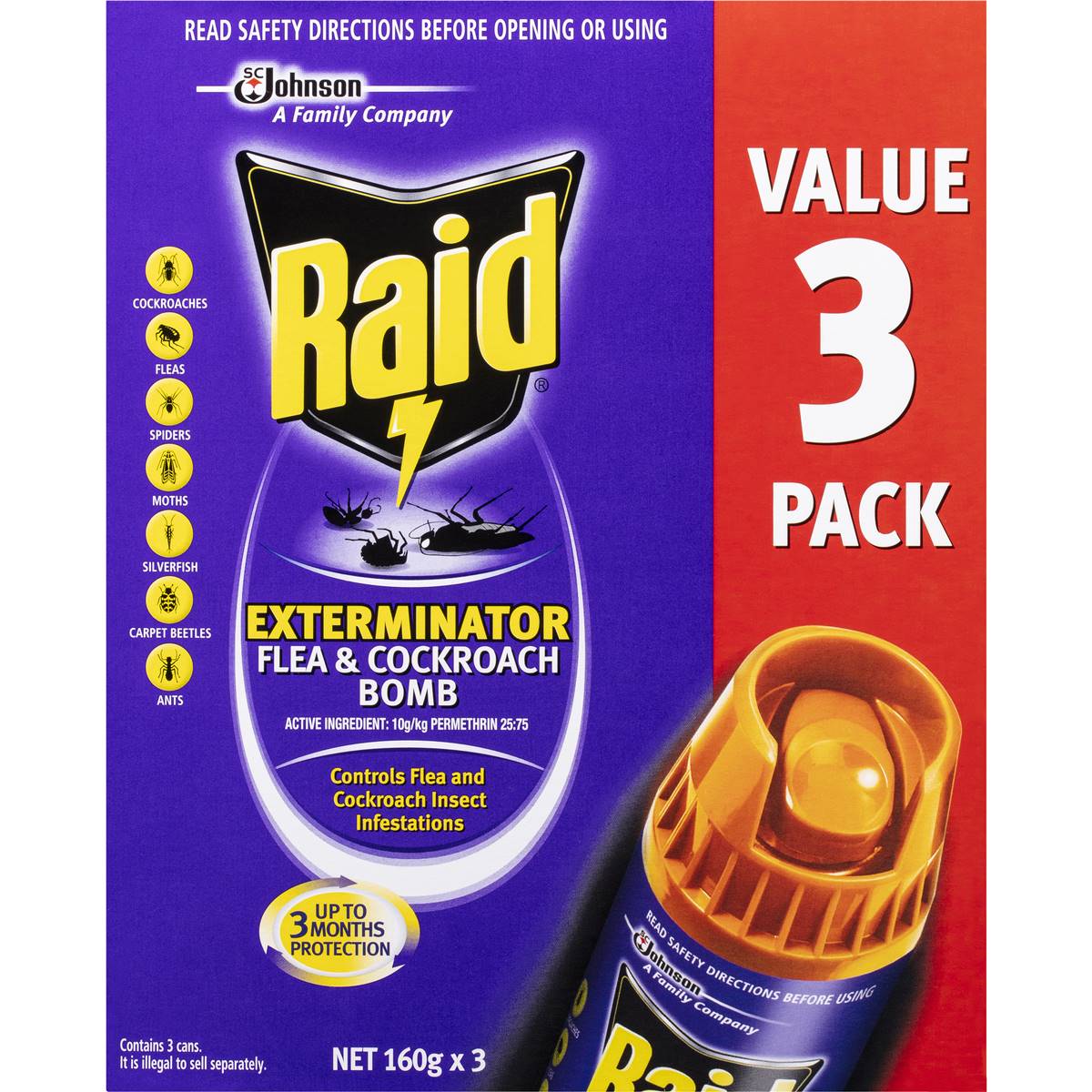 Raid Exterminator Flea & Cockroach Bomb 160g x 3 Pack