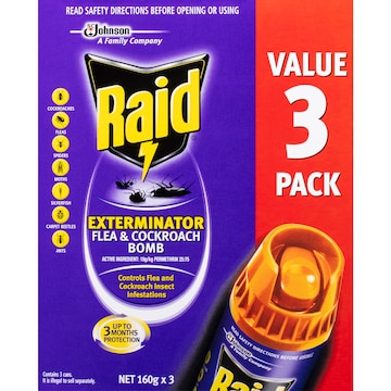 Raid Exterminator Flea & Cockroach Bomb 160g x 3 pack