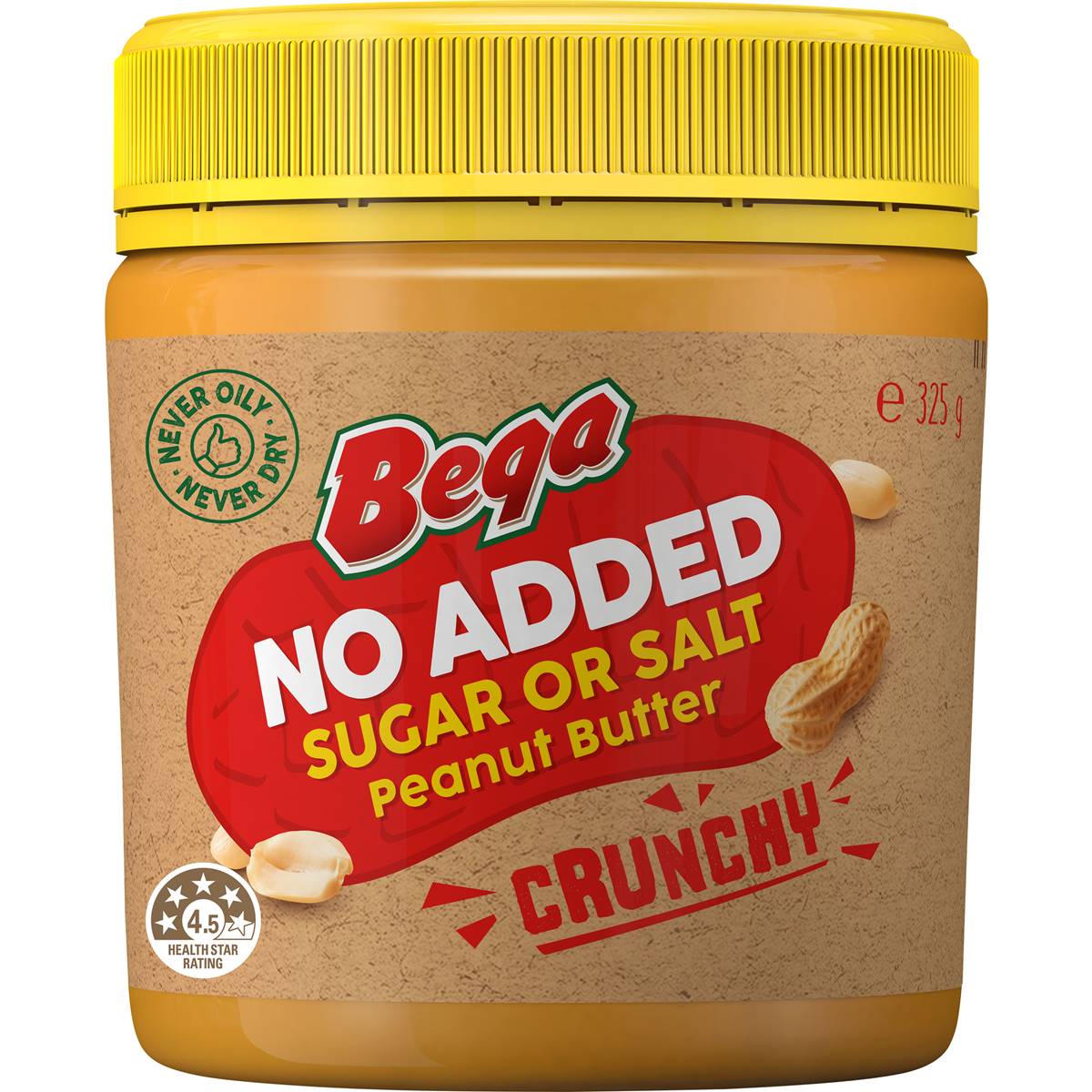Bega Peanut Butter No Added Sugar Or Salt Crunchy 325g