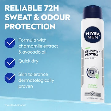 Nivea Men Sensitive Protect Aerosol 72hr Antiperspirant Deodorant 250mL