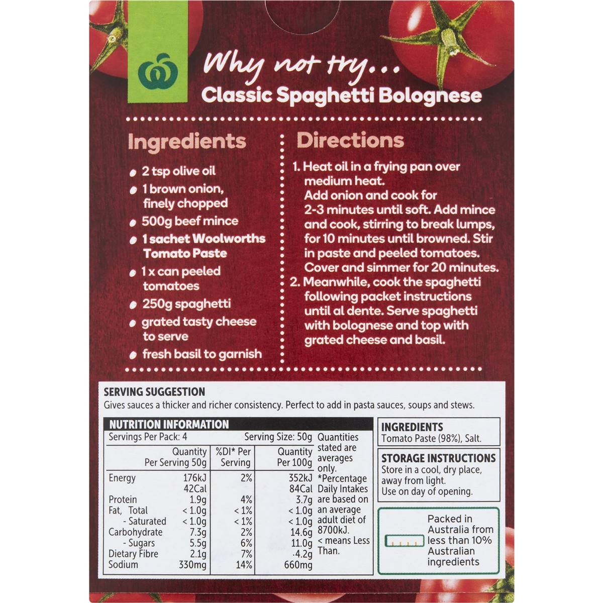 Woolworths Tomato Paste Sachet 4 Pack