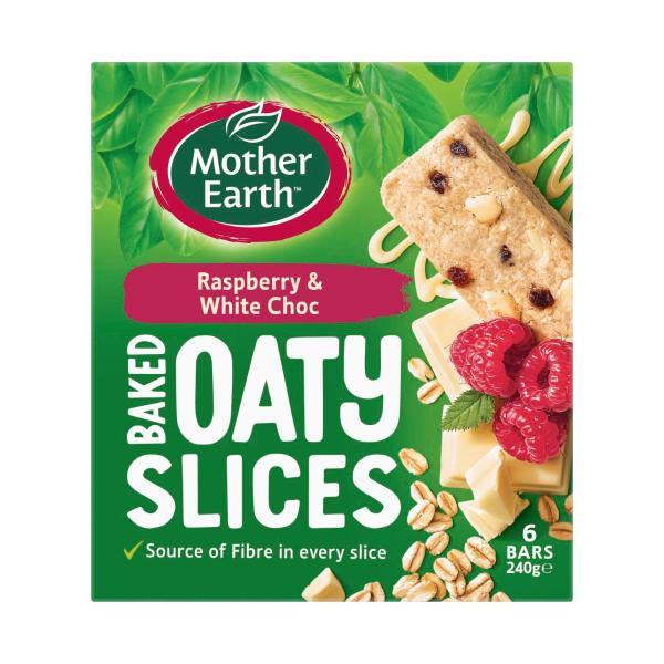 MOTHER EARTH OATY SLICES 240G:RASPBERRY WHITE CHOC:.:240 GRAM