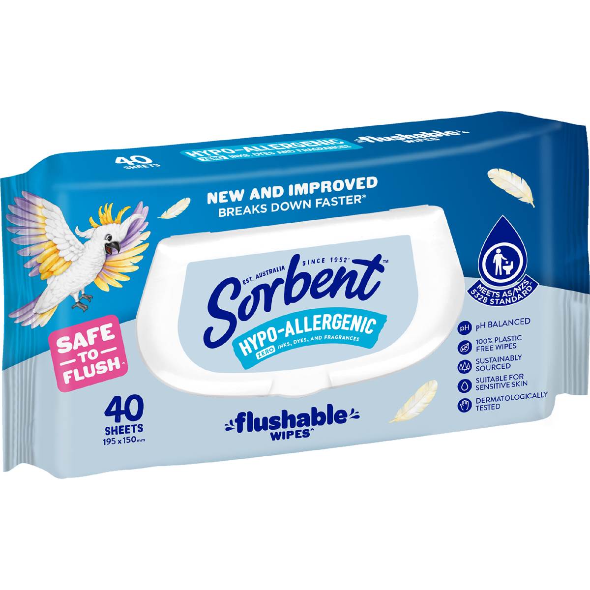 Sorbent Flushable Wipes Hypo-Allergenic 40 Pack