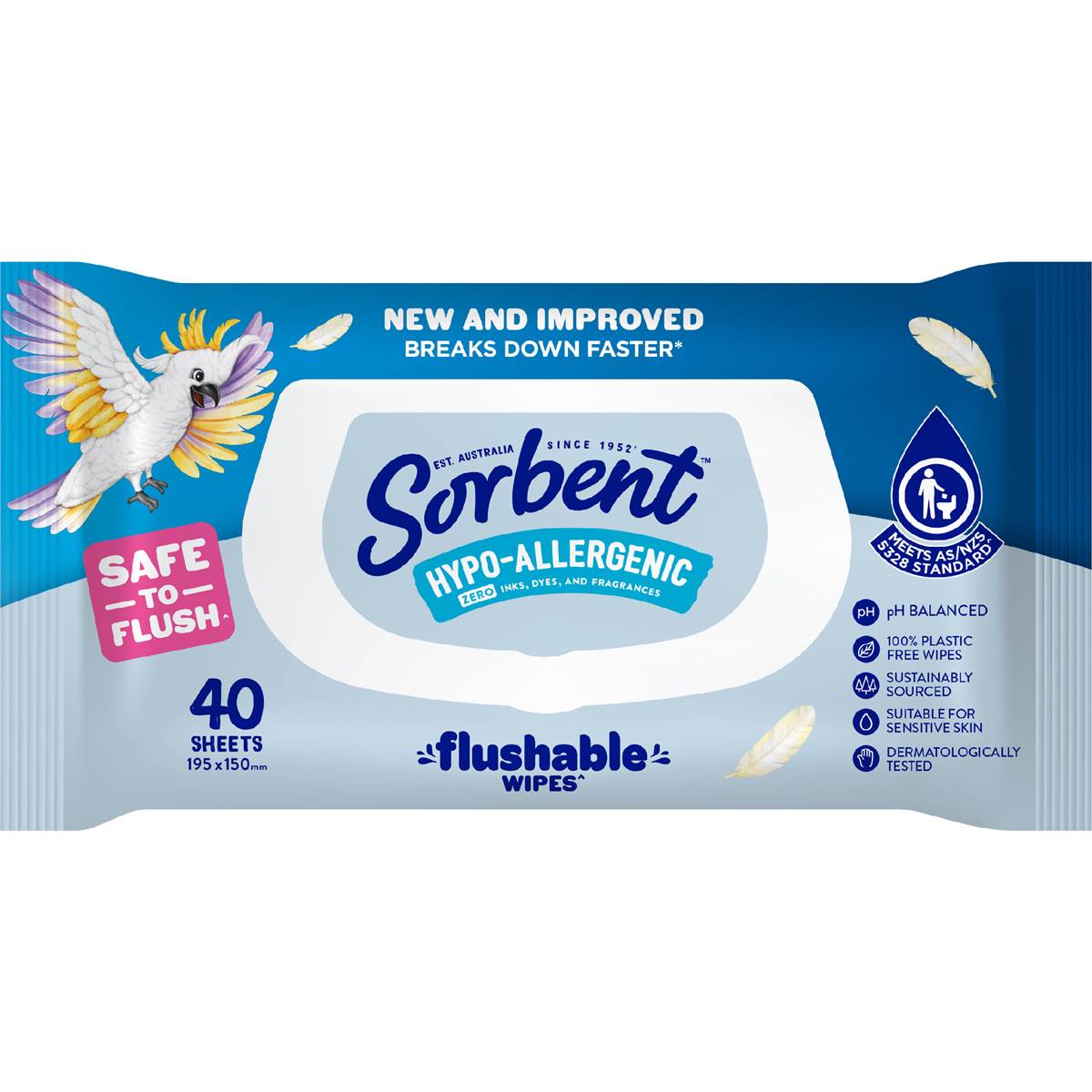 Sorbent Flushable Wipes Hypo-Allergenic 40 Pack