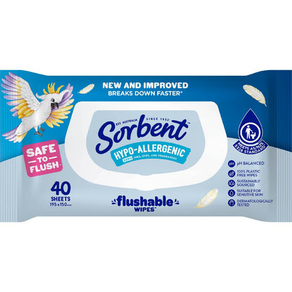 Sorbent Flushable Wipes Hypo-Allergenic 40 Pack