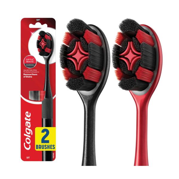 COLGATE OPTIC WHITE PRO MANUAL TOOTHBRUSH CHARCOAL SPIRAL BRISTLES 2PK