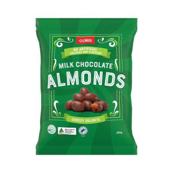 COLES CHOC COATED ALMONDS 250G
