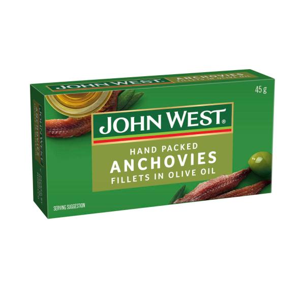 JOHN WEST ANCHOVY FILLETS IN OLIVE OIL 45G