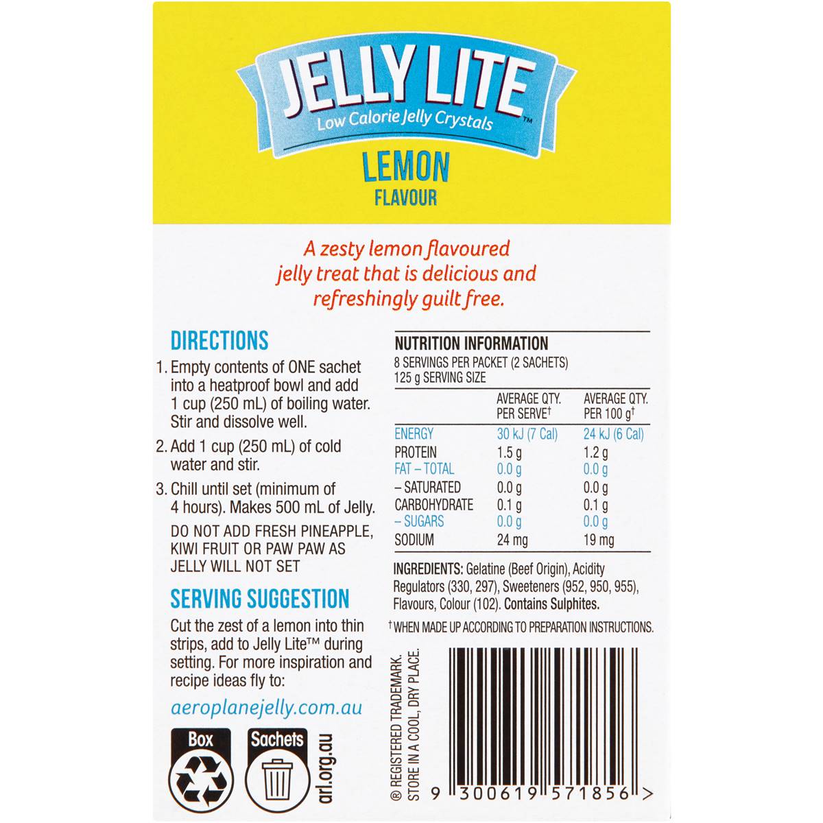 Aeroplane Jelly Lite Lemon Flavour Low Calorie Jelly Crystals 2x9g