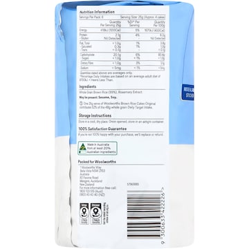 Woolworths Thin Brown Rice Cakes Original 150g