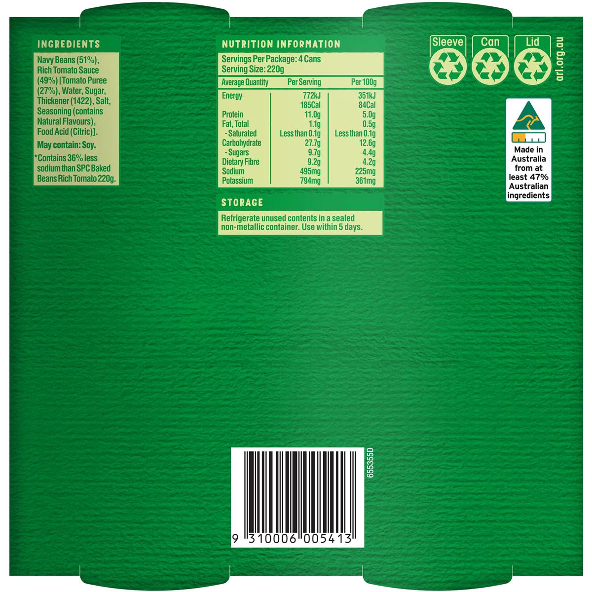 SPC Baked Beans Rich Tomato Salt Reduced 220g x 4 Pack