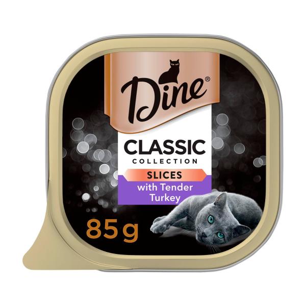 DINE WET CAT FOOD TENDER TURKEY SLICES 85G TRAY