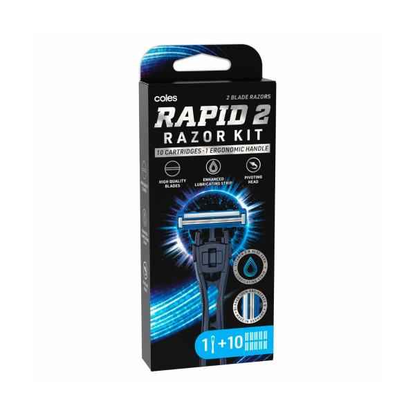 COLES RAPID 2 RAZOR KIT HANDLE + 10 REFILL BLADES 1PACK