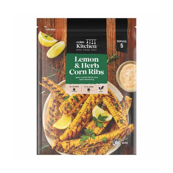 COLES KITCHEN LEMON & HERB CORN RIBS 500G