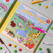 Alphabet Safari Colouring Activity Kit with 8 Markers and 32 Colouring Pages by Journey Of Something Art and Craft for Kids Travel Toys Early Literacy 3yrs+