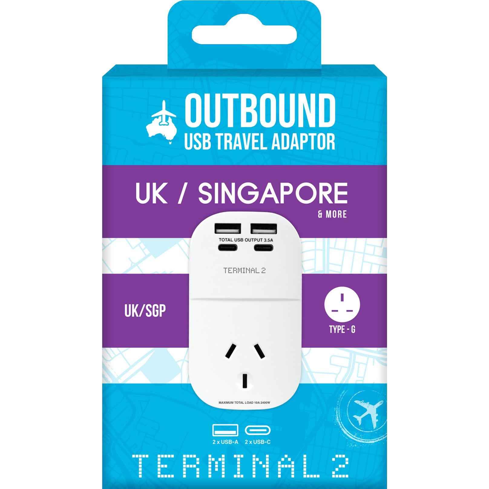 Terminal 2 Outbound Travel Adaptor with 4 USB Ports for UK, Ireland, Hong Kong & More V2