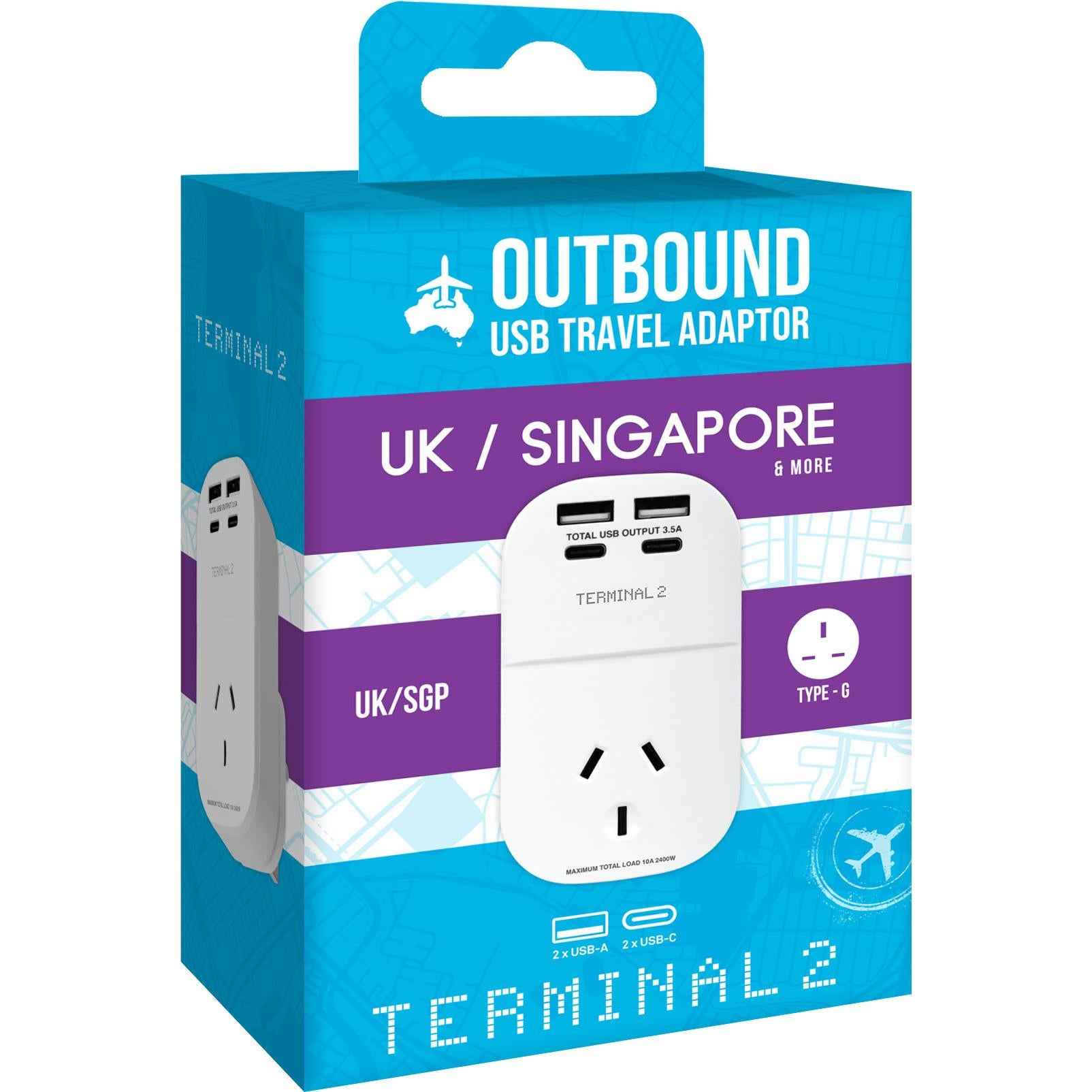 Terminal 2 Outbound Travel Adaptor with 4 USB Ports for UK, Ireland, Hong Kong & More V2