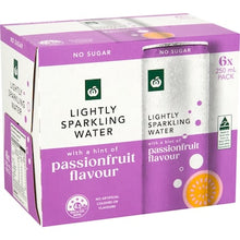 Woolworths Lightly Sparkling Water Cans Passionfruit 250mL x 6 pack