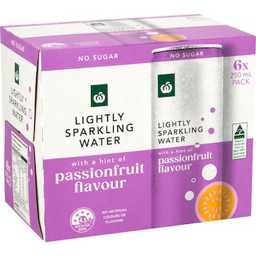Woolworths Lightly Sparkling Water Cans Passionfruit 250mL x 6 pack