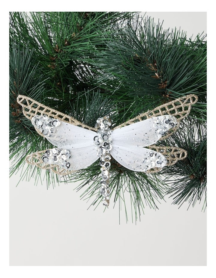 Luxe Christmas Glittered Mesh & Fabric Dragonfly Clip Gold: 6.5 cm