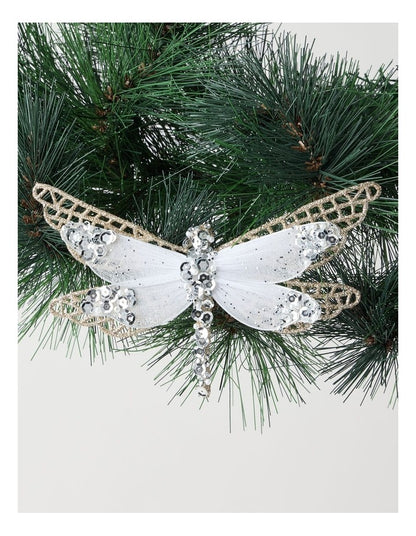 Luxe Christmas Glittered Mesh & Fabric Dragonfly Clip Gold: 6.5 cm