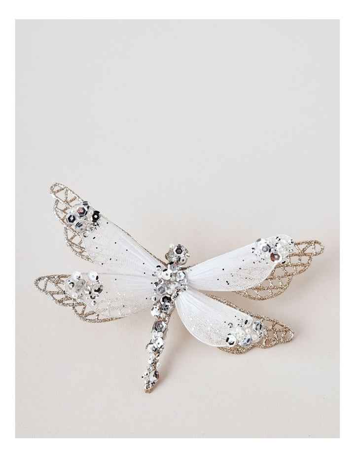 Luxe Christmas Glittered Mesh & Fabric Dragonfly Clip Gold: 6.5 cm
