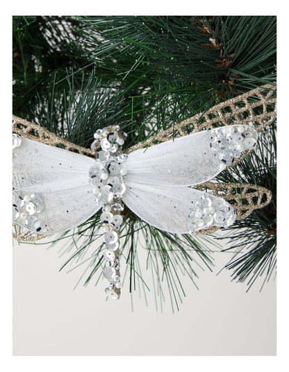 Luxe Christmas Glittered Mesh & Fabric Dragonfly Clip Gold: 6.5 cm