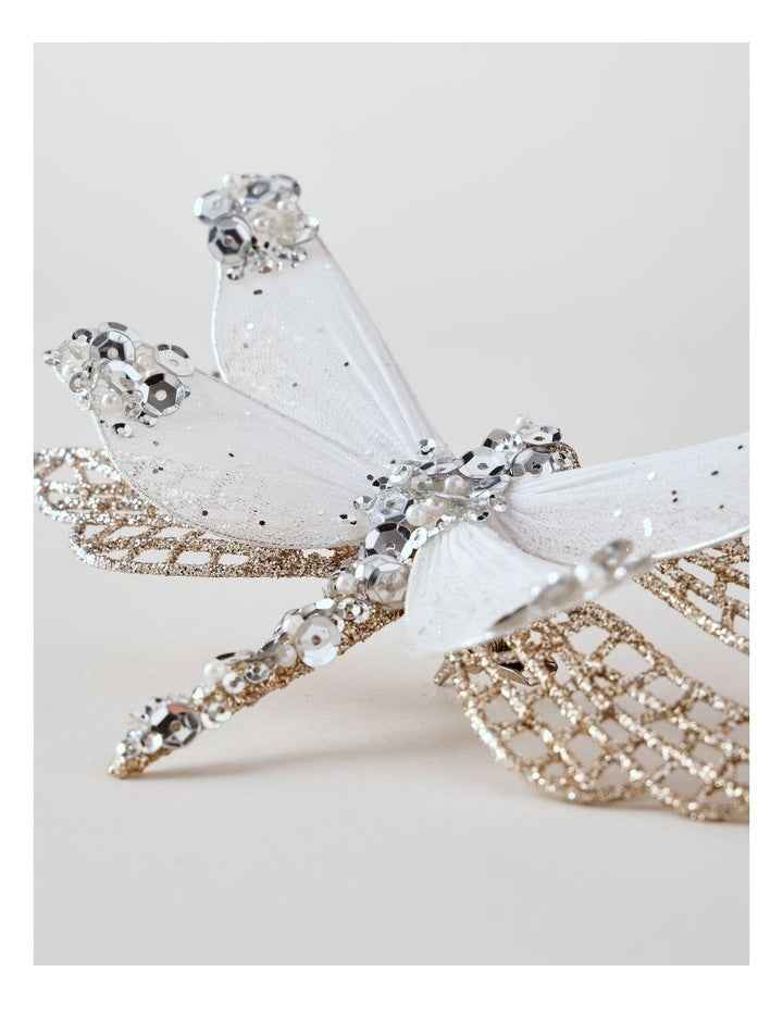 Luxe Christmas Glittered Mesh & Fabric Dragonfly Clip Gold: 6.5 cm