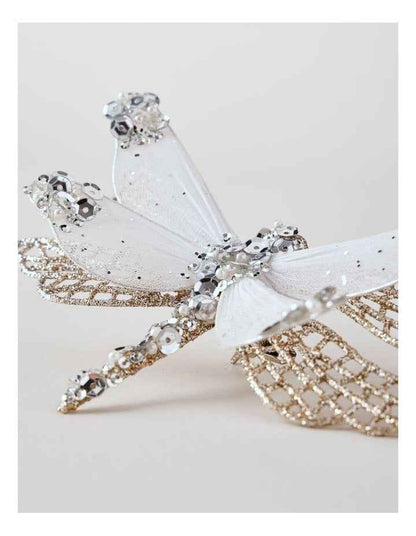 Luxe Christmas Glittered Mesh & Fabric Dragonfly Clip Gold: 6.5 cm