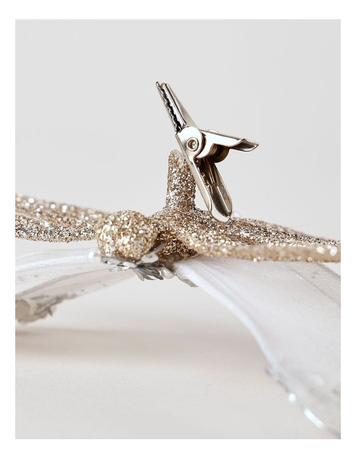 Luxe Christmas Glittered Mesh & Fabric Dragonfly Clip Gold: 6.5 cm