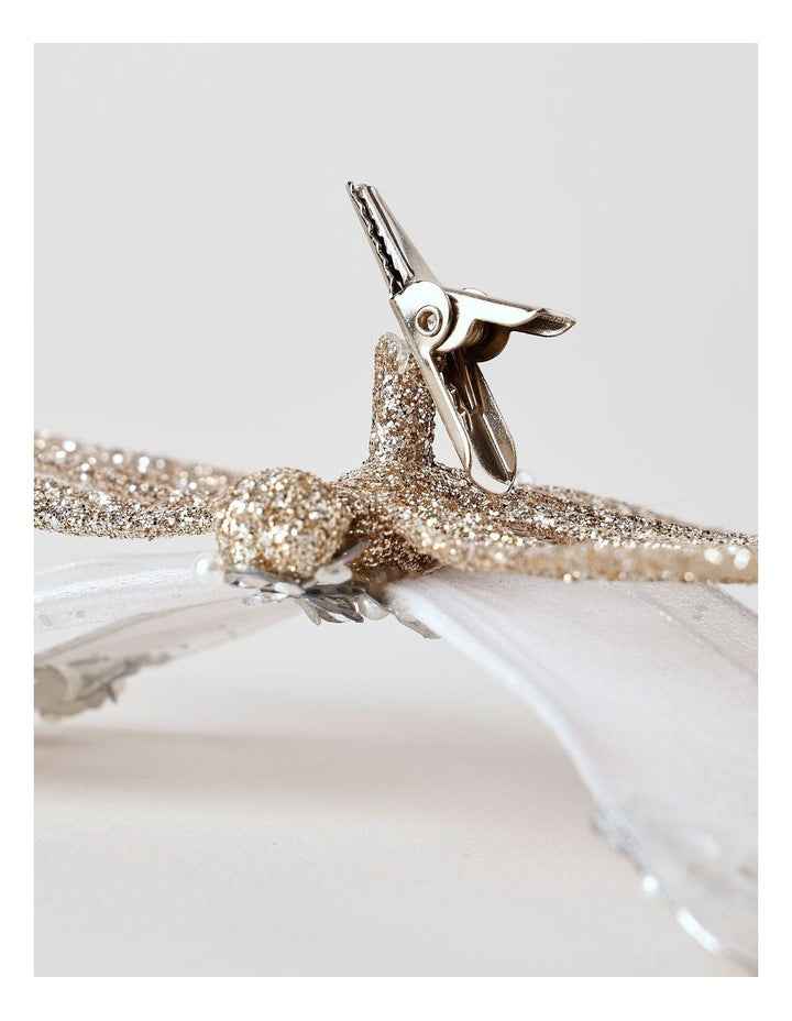 Luxe Christmas Glittered Mesh & Fabric Dragonfly Clip Gold: 6.5 cm