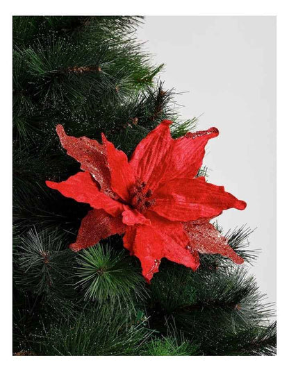 Heirloom Christmas Red Velvet & Glittered Poinsettia Pick