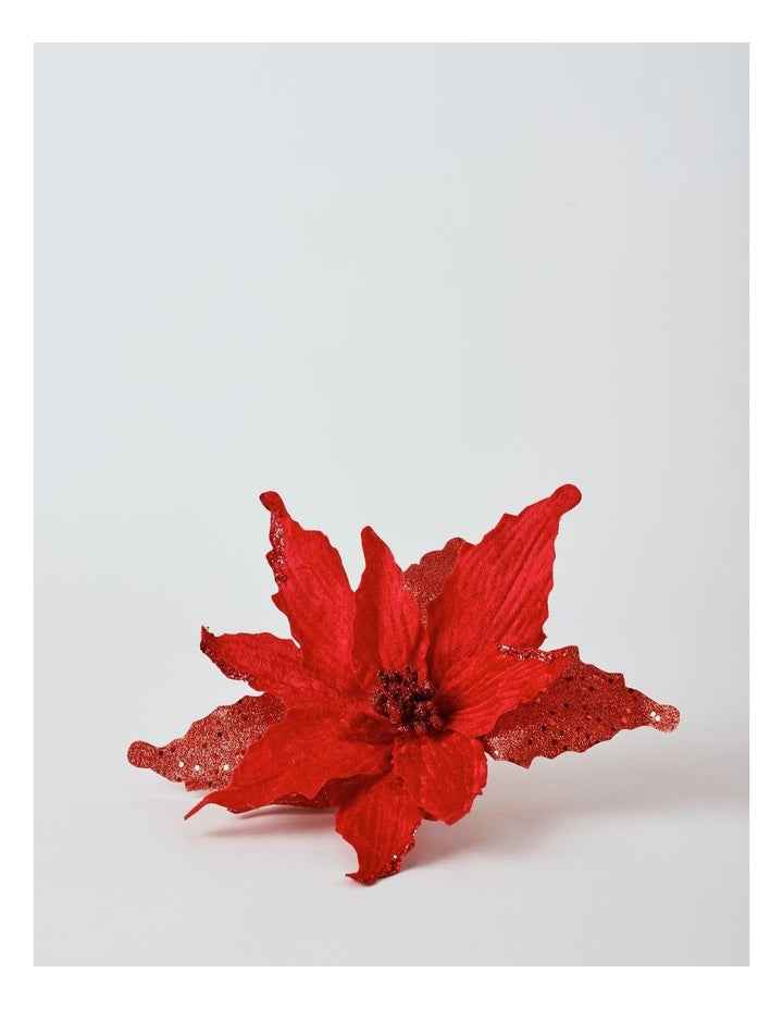 Heirloom Christmas Red Velvet & Glittered Poinsettia Pick