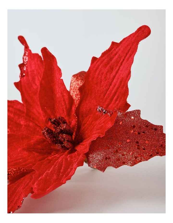 Heirloom Christmas Red Velvet & Glittered Poinsettia Pick