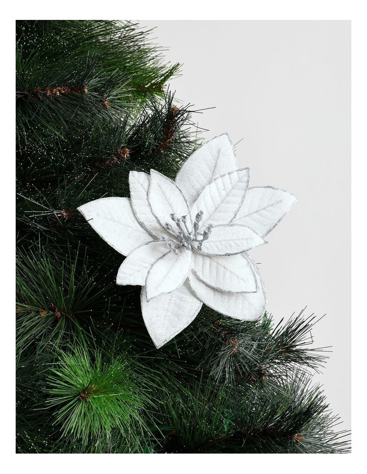 Eucalyptus Christmas White Fabric Glitter Poinsettia Clip Decoration