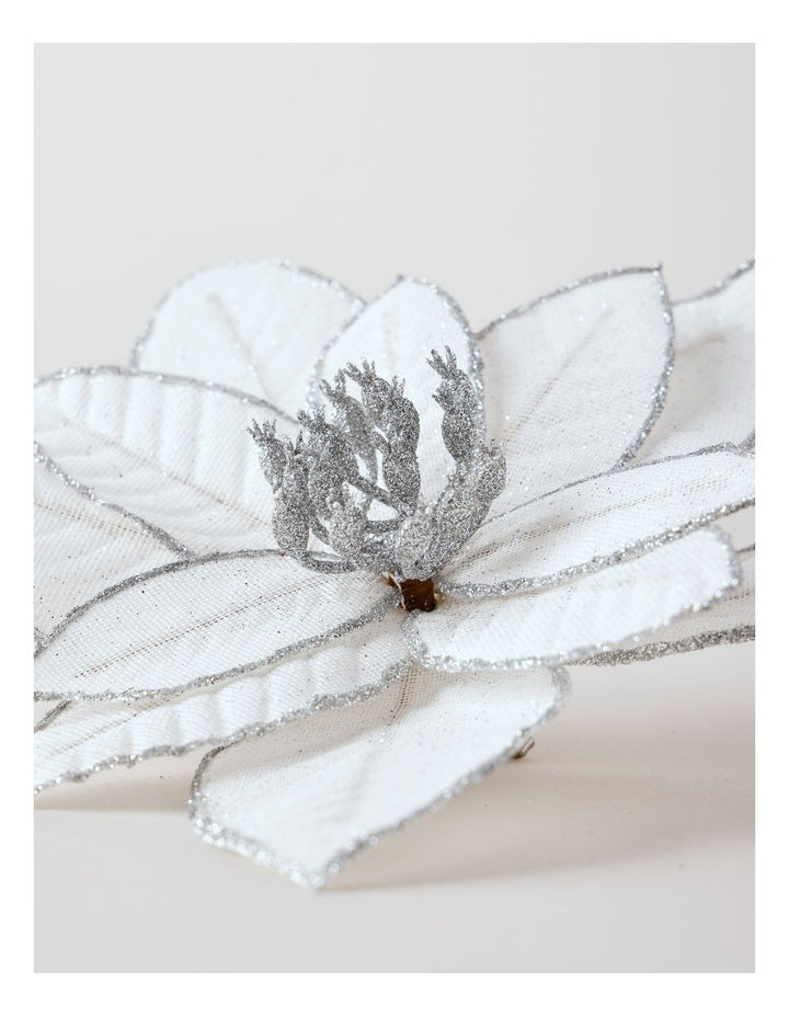 Eucalyptus Christmas White Fabric Glitter Poinsettia Clip Decoration