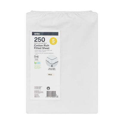 250 Thread Count Cotton Rich Fitted Sheet - Single Bed, White