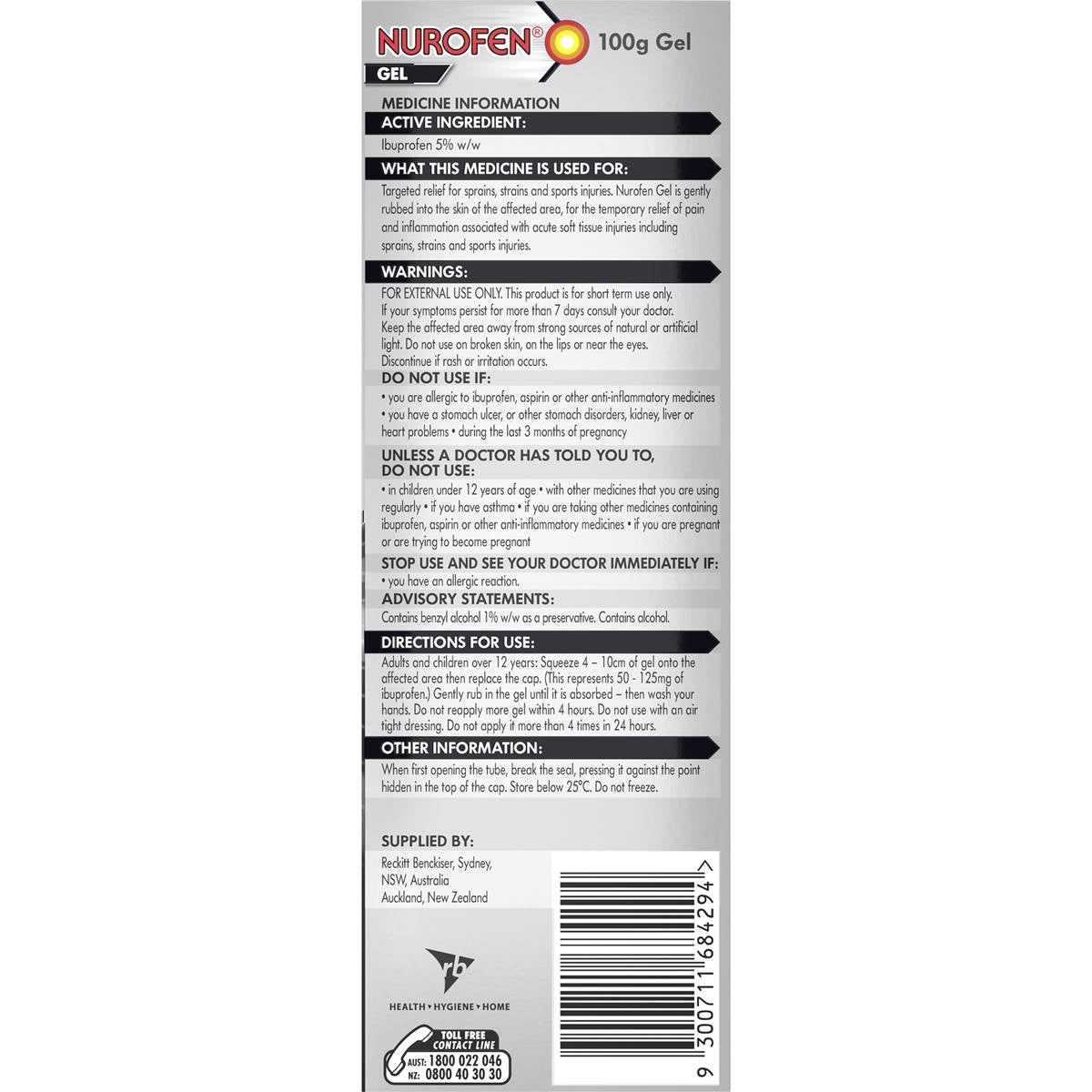 Nurofen Pain And Inflammation Relief Gel 5% Ibuprofen 100g