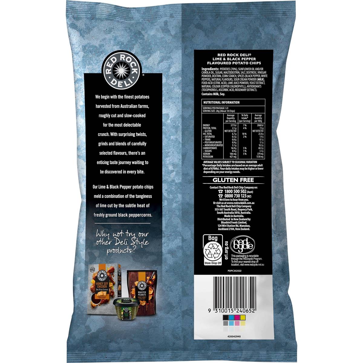 Red Rock Deli Potato Chips Share Pack Lime & Pepper 165g