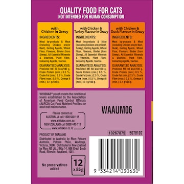 Whiskas 1+ Years Wet Cat Food Chicken In Gravy Pouch 85g x 12 pack
