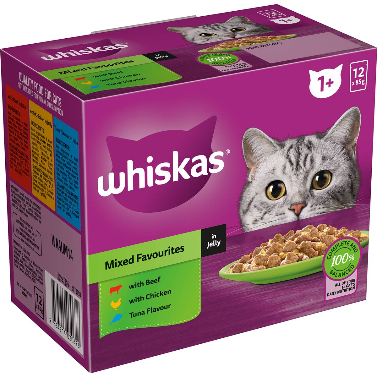 Whiskas Adult 1 + Years Wet Cat Food Mixed Favourites In Jelly 85g x 12 pack
