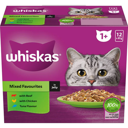 Whiskas Adult 1 + Years Wet Cat Food Mixed Favourites In Jelly 85g x 12 pack