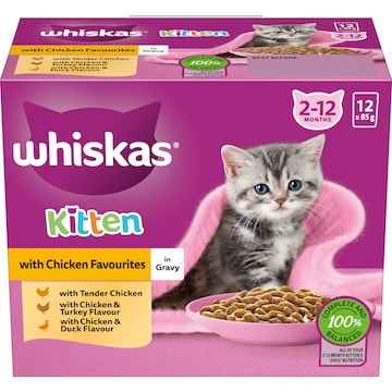 Whiskas Kitten Wet Cat Food Chicken In Gravy Pouch 85g x 12 pack