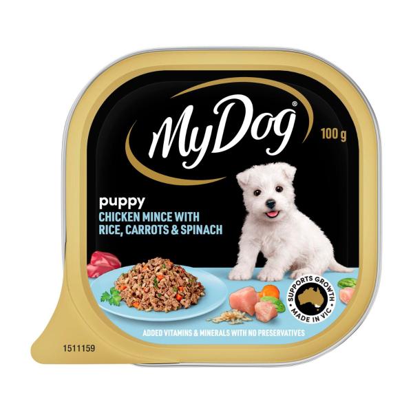 MY DOG PUPPY WET DOG FOOD CHICKEN MINCE WITH RICE CARROTS & SPINACH 100G TRAY