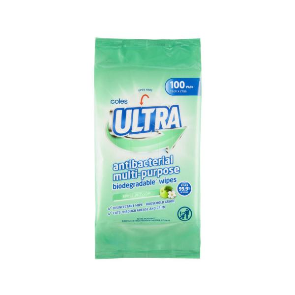 COLES ULTRA ANTIBACTERIAL MULTIPURPOSE BIODEGRADABLE WIPES APPLE BLOSSOM 100 PACK