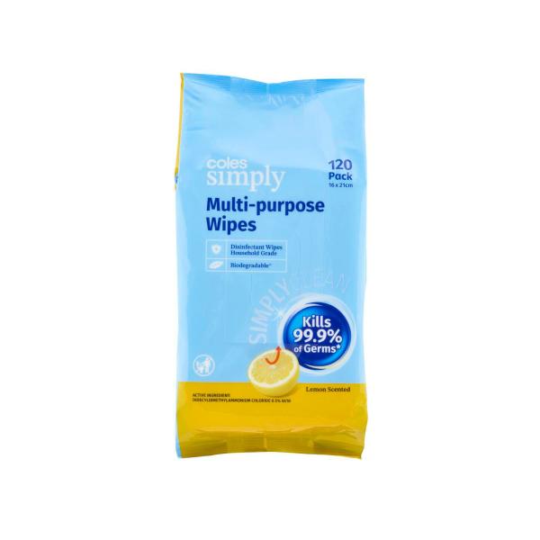 COLES SIMPLY LEMON BIODEGRADABLE WIPES 120 PACK