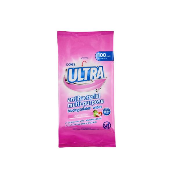 COLES ULTRA ANTIBACTERIAL MULTIPURPOSE BIODEGRADABLE  WIPES LYCHEE BLOOM 100 PACK