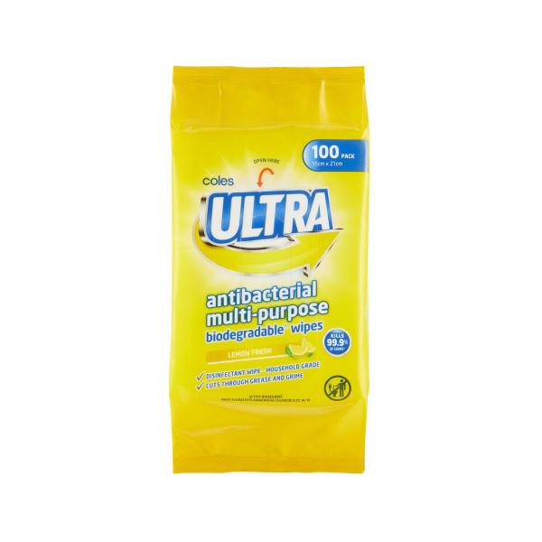 COLES ULTRA ANTIBACTERIAL MULTIPURPOSE  BIODEGRADABLE WIPES LEMON FRESH 100 PACK